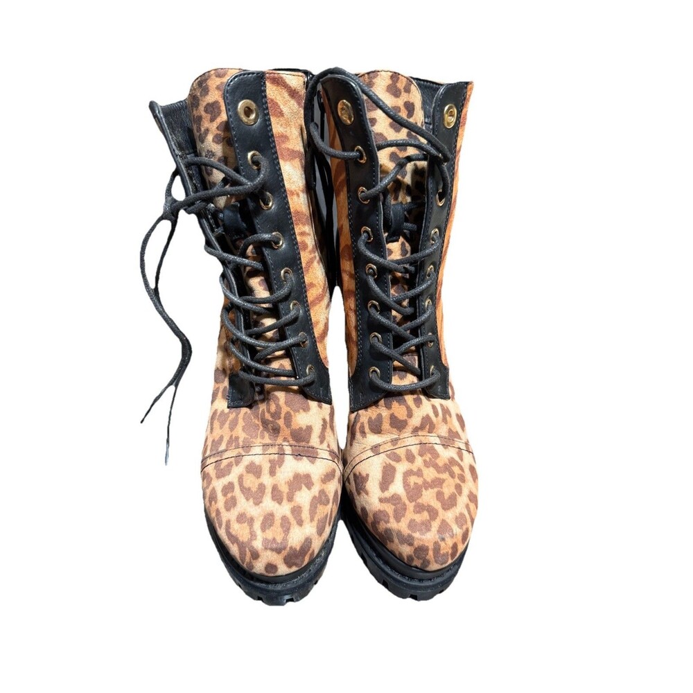 Leopard And Tiger Print Lace Up Combats Boots With Block Heel